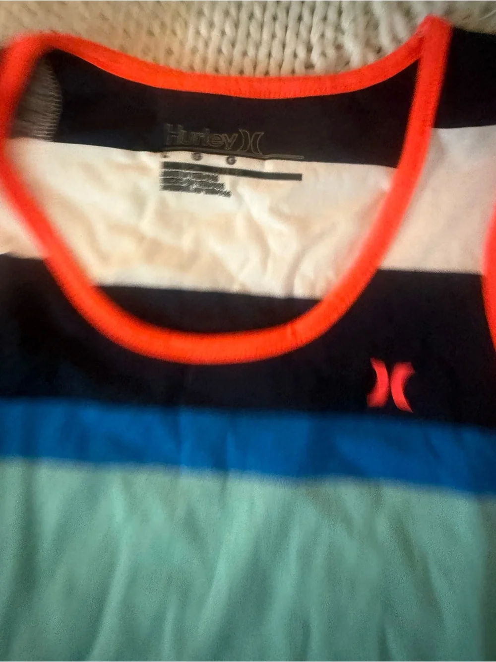 Hurley Navy, White, Aqua and Neon Orange Striped Tank